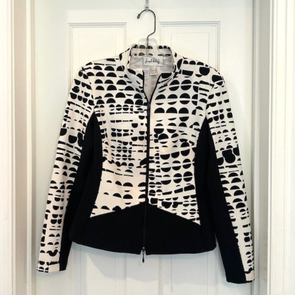 Joseph Ribkoff Black and White Patterned Zip-Front Blazer